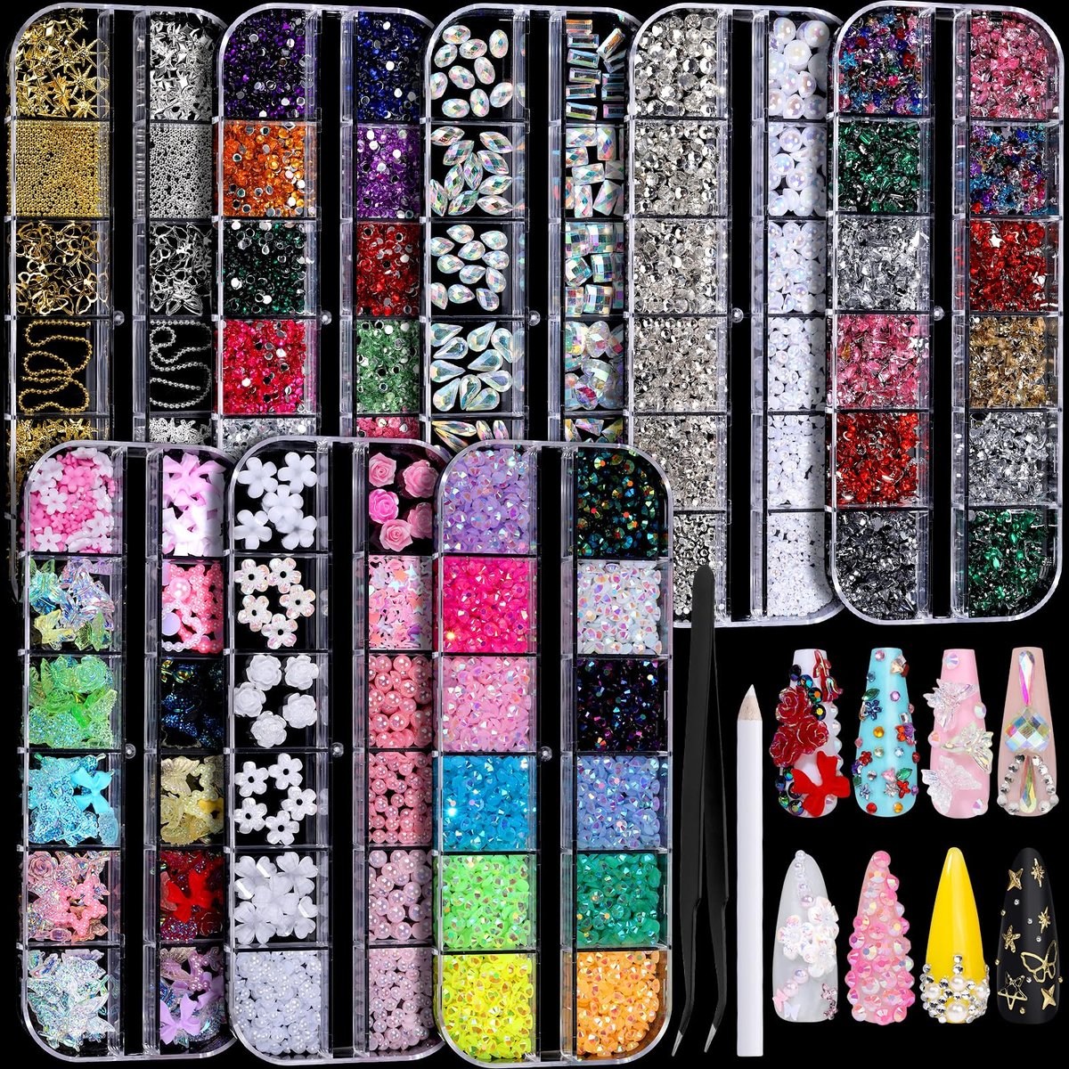 FANDAMEI Nail Charms Kit - 8 Boxes of Colorful Rhinestones, 3D Nail Gems, Flatback Crystals for Nail Art & Crafts - görsel 1