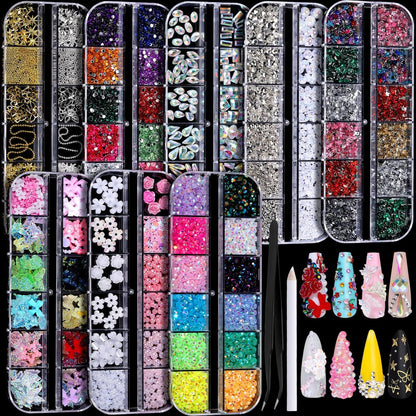 FANDAMEI Nail Charms Kit - 8 Boxes of Colorful Rhinestones, 3D Nail Gems, Flatback Crystals for Nail Art & Crafts