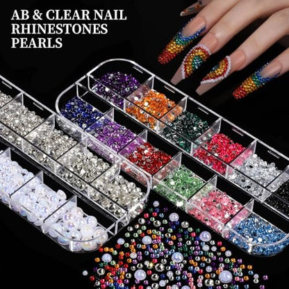 FANDAMEI Nail Charms Kit - 8 Boxes of Colorful Rhinestones, 3D Nail Gems, Flatback Crystals for Nail Art & Crafts