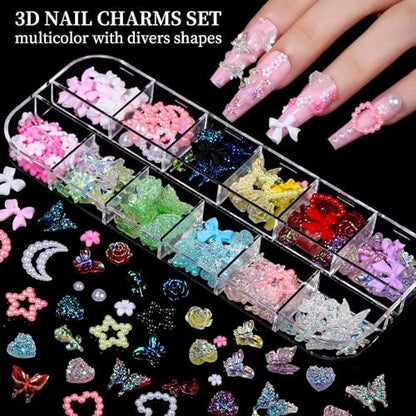 FANDAMEI Nail Charms Kit - 8 Boxes of Colorful Rhinestones, 3D Nail Gems, Flatback Crystals for Nail Art & Crafts