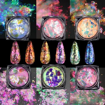 6 Colors Ice Transparent Aurora Opal Chameleon Nail Glitter Flakes - Ultra-Thin Mermaid Chunky Glitter for Nail Art Decoration DIY Craft