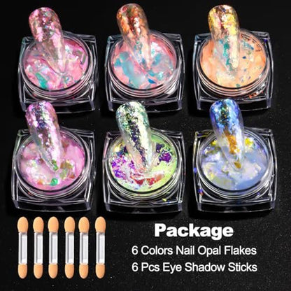 6 Colors Ice Transparent Aurora Opal Chameleon Nail Glitter Flakes - Ultra-Thin Mermaid Chunky Glitter for Nail Art Decoration DIY Craft