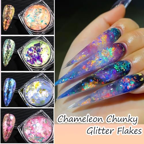 6 Colors Ice Transparent Aurora Opal Chameleon Nail Glitter Flakes - Ultra-Thin Mermaid Chunky Glitter for Nail Art Decoration DIY Craft - görsel 10