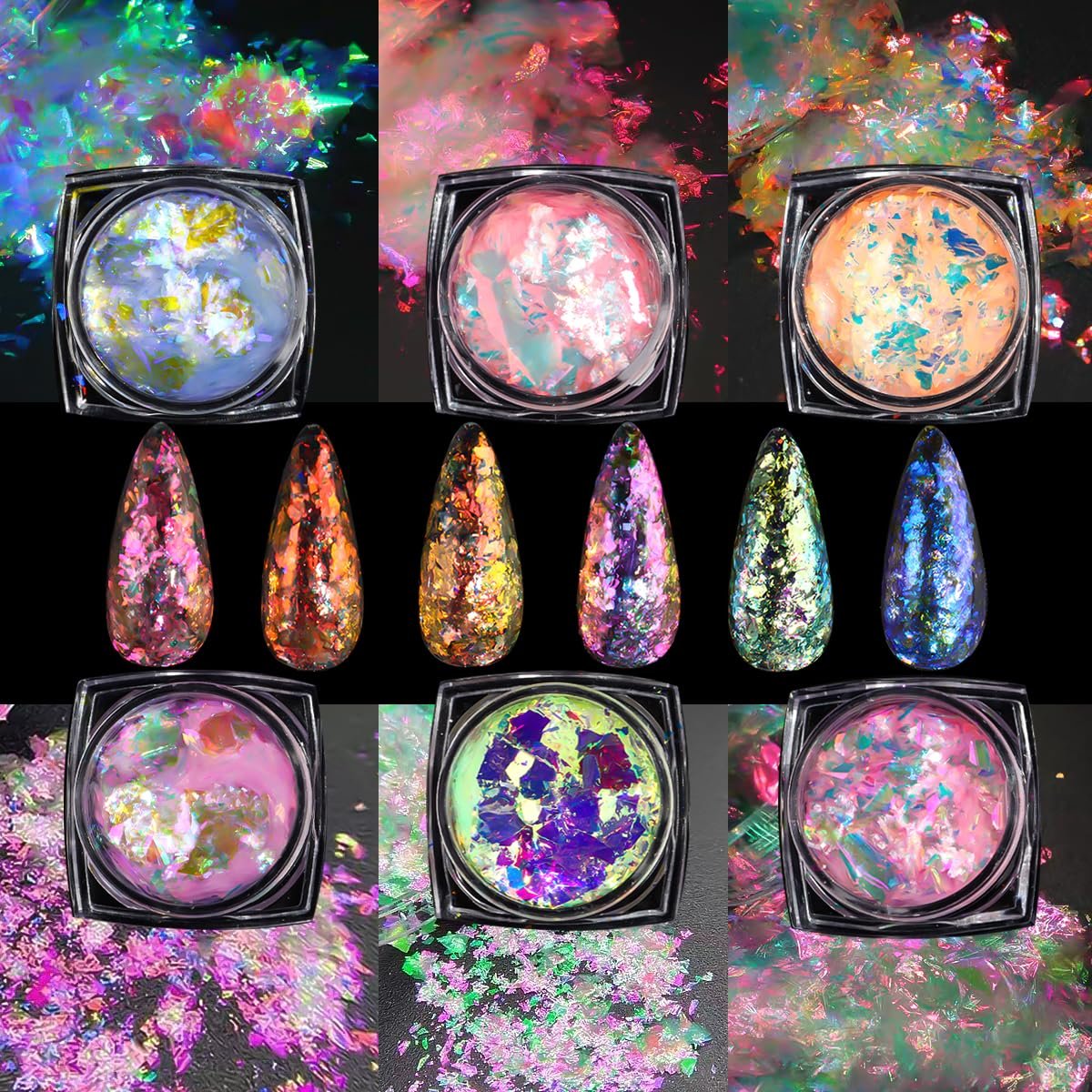6 Colors Ice Transparent Aurora Opal Chameleon Nail Glitter Flakes - Ultra-Thin Mermaid Chunky Glitter for Nail Art Decoration DIY Craft - görsel 15