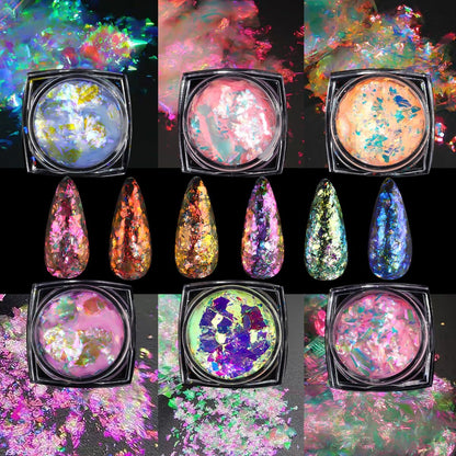 6 Colors Ice Transparent Aurora Opal Chameleon Nail Glitter Flakes - Ultra-Thin Mermaid Chunky Glitter for Nail Art Decoration DIY Craft