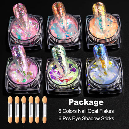 6 Colors Ice Transparent Aurora Opal Chameleon Nail Glitter Flakes - Ultra-Thin Mermaid Chunky Glitter for Nail Art Decoration DIY Craft