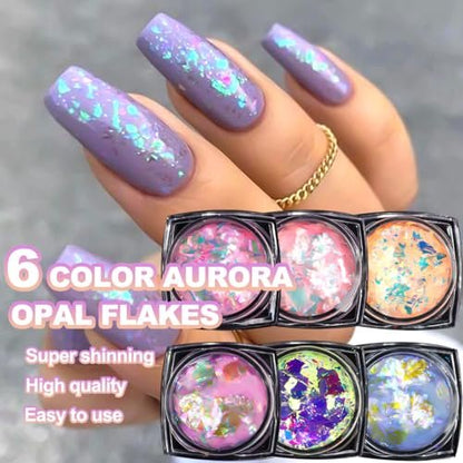 6 Colors Ice Transparent Aurora Opal Chameleon Nail Glitter Flakes - Ultra-Thin Mermaid Chunky Glitter for Nail Art Decoration DIY Craft