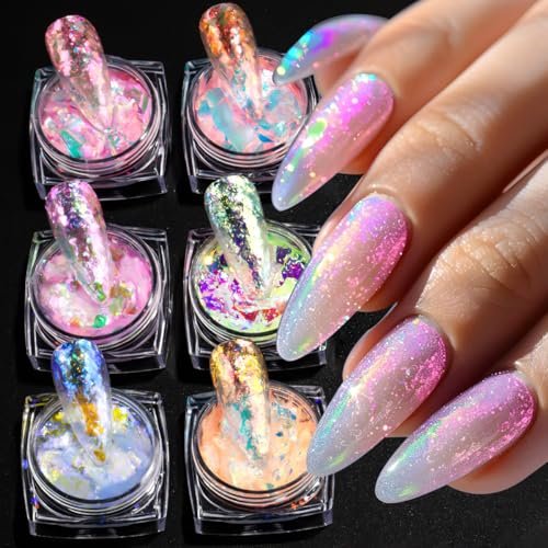6 Colors Ice Transparent Aurora Opal Chameleon Nail Glitter Flakes - Ultra-Thin Mermaid Chunky Glitter for Nail Art Decoration DIY Craft - görsel 2