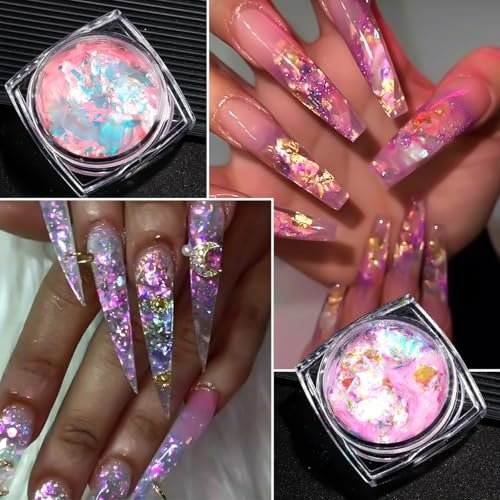 6 Colors Ice Transparent Aurora Opal Chameleon Nail Glitter Flakes - Ultra-Thin Mermaid Chunky Glitter for Nail Art Decoration DIY Craft - görsel 8