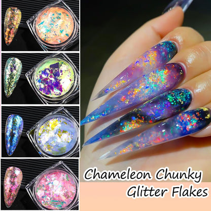 6 Colors Ice Transparent Aurora Opal Chameleon Nail Glitter Flakes - Ultra-Thin Mermaid Chunky Glitter for Nail Art Decoration DIY Craft