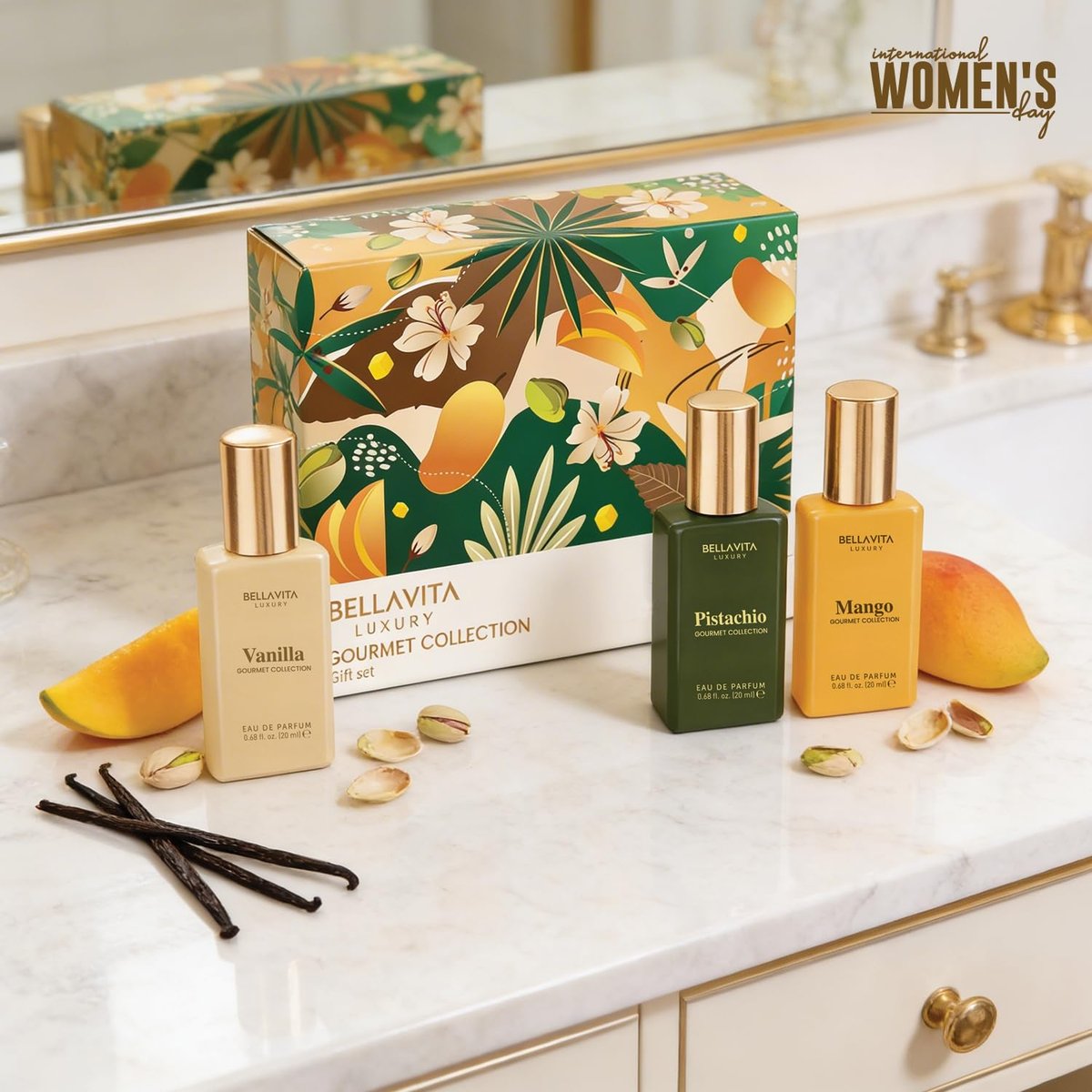 Bellavita Luxury Unisex Gourmet Perfume Gift Set – Vanilla, Mango & Pistachio | 3 x 60ml | Long-Lasting Fragrance for Men & Women - görsel 3