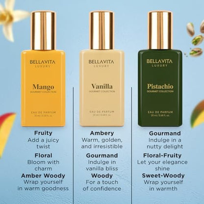 Bellavita Luxury Unisex Gourmet Perfume Gift Set – Vanilla, Mango & Pistachio | 3 x 60ml | Long-Lasting Fragrance for Men & Women
