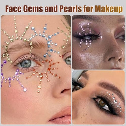 NOOEPC Face Gems and Pearls for Makeup - Rhinestones Bedazzling Kit with Quick Dry Glue, Multicolor Resin Gems for Women, Rave Accessories