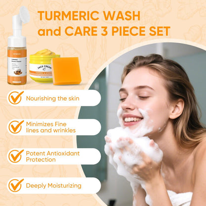 Femani Turmeric Soap Bar, Face Cream & Face Wash Set – Hydrating Skin Care Trio for All Skin Types with Cleansing Mousse & Bubble Net