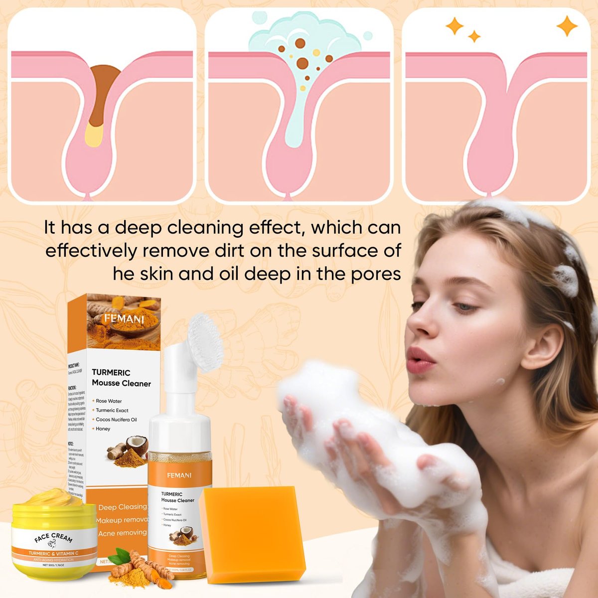 Femani Turmeric Soap Bar, Face Cream & Face Wash Set – Hydrating Skin Care Trio for All Skin Types with Cleansing Mousse & Bubble Net - görsel 9