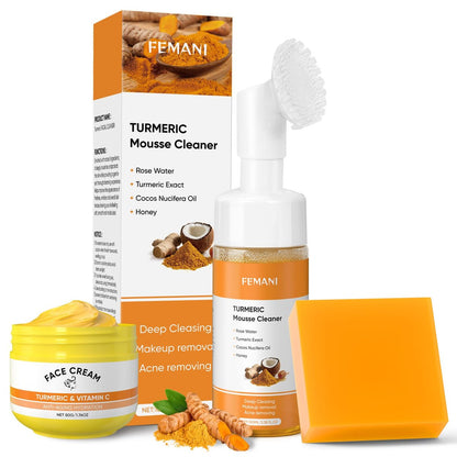 Femani Turmeric Soap Bar, Face Cream & Face Wash Set – Hydrating Skin Care Trio for All Skin Types with Cleansing Mousse & Bubble Net