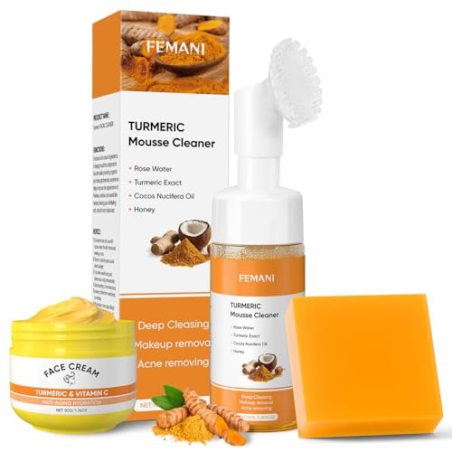 Femani Turmeric Soap Bar, Face Cream & Face Wash Set – Hydrating Skin Care Trio for All Skin Types with Cleansing Mousse & Bubble Net - görsel 2