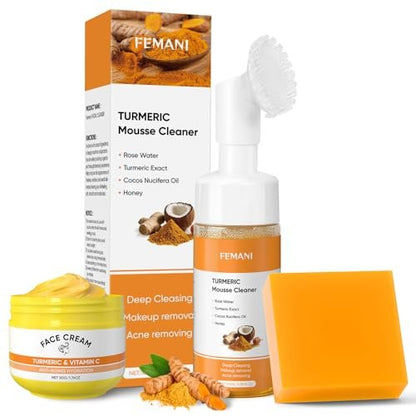 Femani Turmeric Soap Bar, Face Cream & Face Wash Set – Hydrating Skin Care Trio for All Skin Types with Cleansing Mousse & Bubble Net