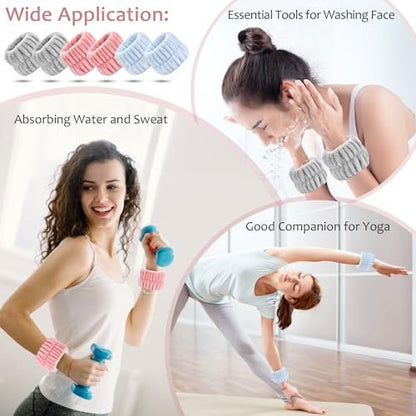Wykodra 6-Pack Absorbent Face Wash Wrist Bands - Microfiber Spa Wristbands for Women and Girls, Prevent Water from Spilling Down Arms