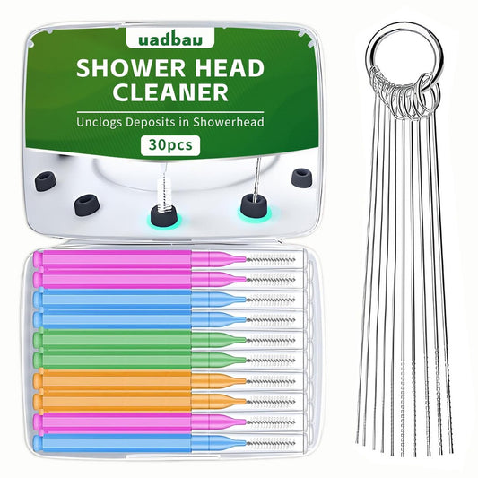 uadbau Shower Head Cleaner Tool Set - 30-Piece Multi-Size Cleaning Brush Kit for Anti-Clogging Nozzle, Stainless Steel Picks Fitting Nozzle Unclogger for Household Bathroom (Green, Pink, Blue)
