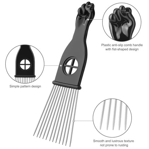 3 Pack Afro Hair Picks for Men and Women, Cpoxixt Metal Afro Comb Picks for Natural Curly Hair Styling Fist Design (Black) - görsel 8