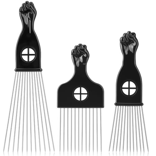 3 Pack Afro Hair Picks for Men and Women, Cpoxixt Metal Afro Comb Picks for Natural Curly Hair Styling Fist Design (Black) - görsel 2