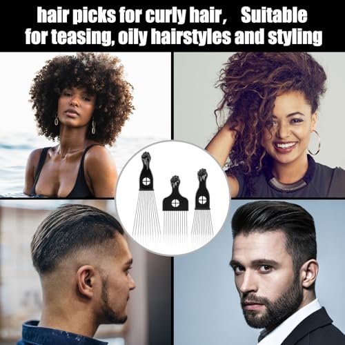 3 Pack Afro Hair Picks for Men and Women, Cpoxixt Metal Afro Comb Picks for Natural Curly Hair Styling Fist Design (Black) - görsel 12