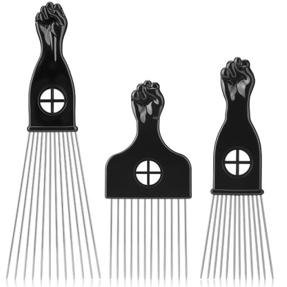 3 Pack Afro Hair Picks for Men and Women, Cpoxixt Metal Afro Comb Picks for Natural Curly Hair Styling Fist Design (Black)