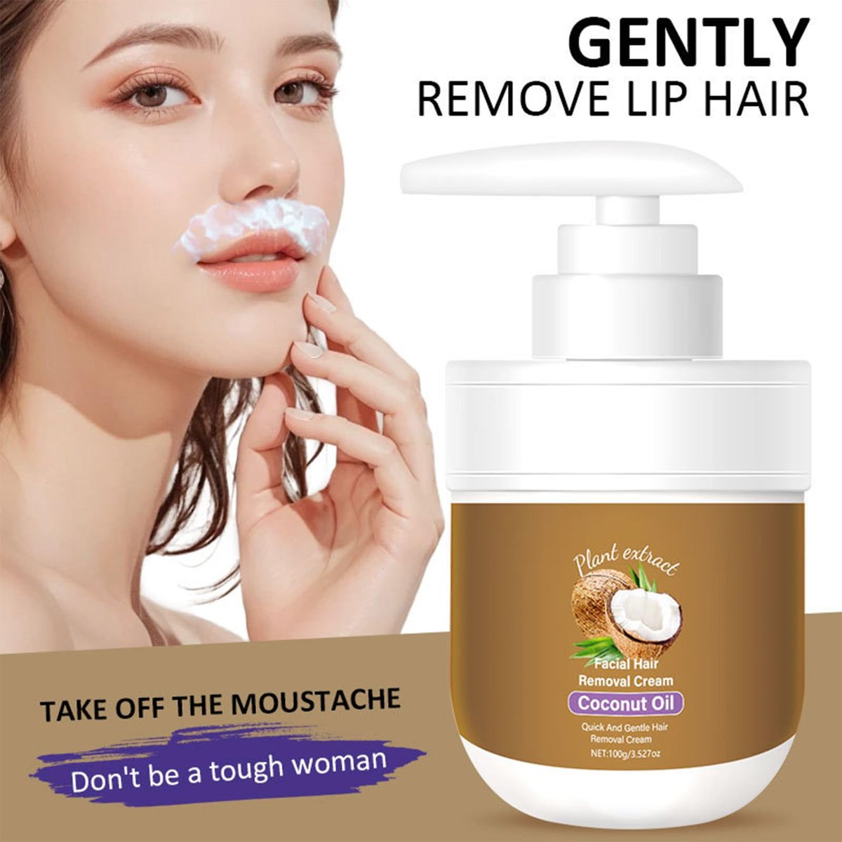Gentle Facial Depilatory Cream for Women – Coconut Hair Remover for Upper Lip & Chin, Sensitive Skin, 3.52 Fl Oz - görsel 7
