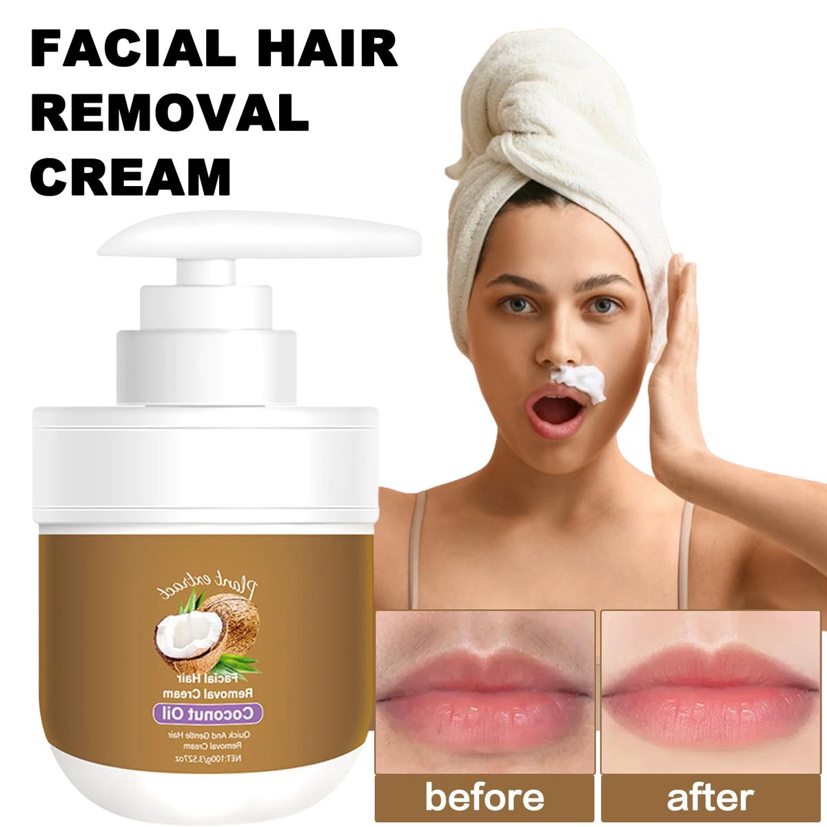 Gentle Facial Depilatory Cream for Women – Coconut Hair Remover for Upper Lip & Chin, Sensitive Skin, 3.52 Fl Oz - görsel 3