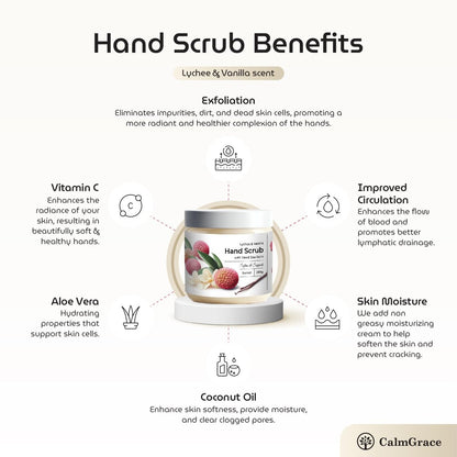 CalmGrace Exfoliating Hand Scrub with Dead Sea Salts, Lychee & Vanilla Scent – Sorbet Texture Hand Exfoliator & Moisturizer with Aloe Vera, Coconut Oil, Vitamin C (8.8 oz) Avelisse