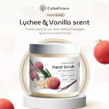 CalmGrace Exfoliating Hand Scrub with Dead Sea Salts, Lychee & Vanilla Scent – Sorbet Texture Hand Exfoliator & Moisturizer with Aloe Vera, Coconut Oil, Vitamin C (8.8 oz) Avelisse