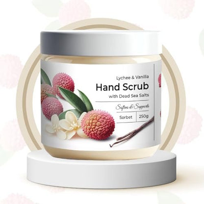 CalmGrace Exfoliating Hand Scrub with Dead Sea Salts, Lychee & Vanilla Scent – Sorbet Texture Hand Exfoliator & Moisturizer with Aloe Vera, Coconut Oil, Vitamin C (8.8 oz) Avelisse