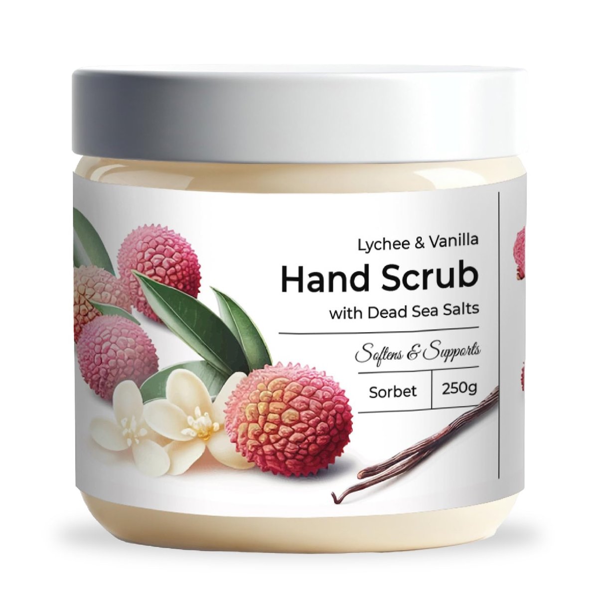CalmGrace Exfoliating Hand Scrub with Dead Sea Salts, Lychee & Vanilla Scent – Sorbet Texture Hand Exfoliator & Moisturizer with Aloe Vera, Coconut Oil, Vitamin C (8.8 oz) Avelisse