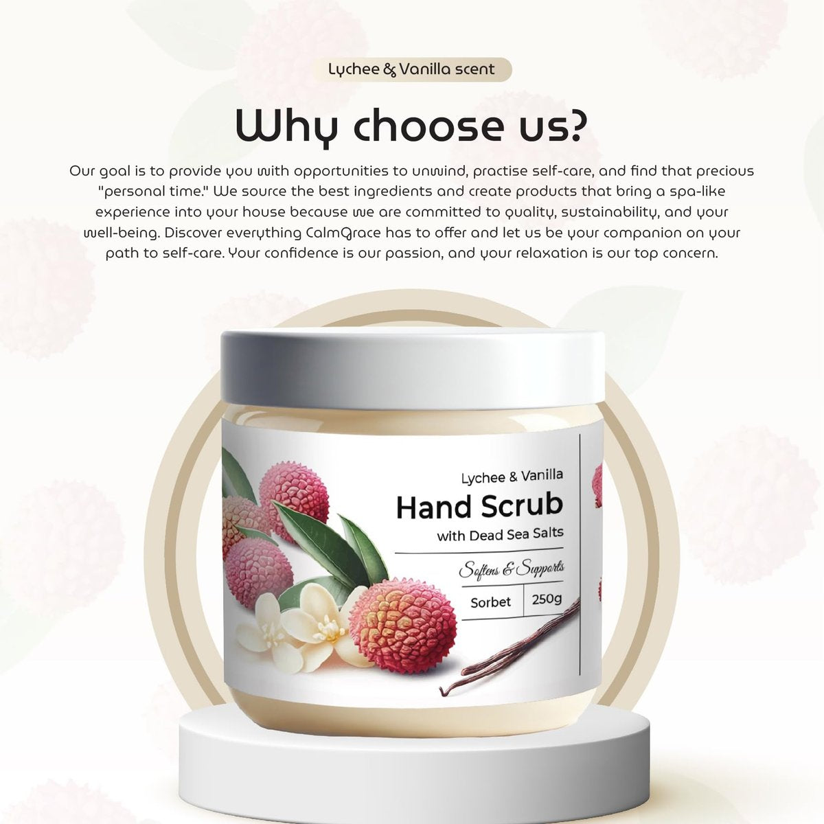 CalmGrace Exfoliating Hand Scrub with Dead Sea Salts, Lychee & Vanilla Scent – Sorbet Texture Hand Exfoliator & Moisturizer with Aloe Vera, Coconut Oil, Vitamin C (8.8 oz) Avelisse