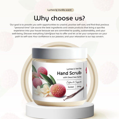 CalmGrace Exfoliating Hand Scrub with Dead Sea Salts, Lychee & Vanilla Scent – Sorbet Texture Hand Exfoliator & Moisturizer with Aloe Vera, Coconut Oil, Vitamin C (8.8 oz) Avelisse