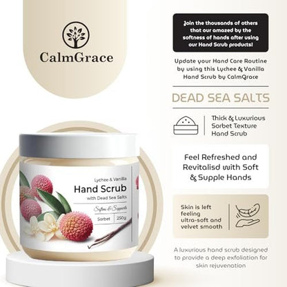 CalmGrace Exfoliating Hand Scrub with Dead Sea Salts, Lychee & Vanilla Scent – Sorbet Texture Hand Exfoliator & Moisturizer with Aloe Vera, Coconut Oil, Vitamin C (8.8 oz) Avelisse