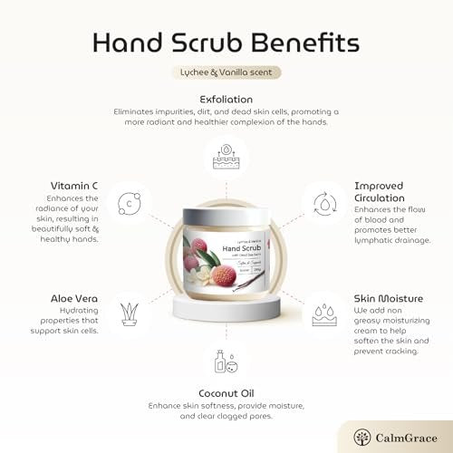 CalmGrace Exfoliating Hand Scrub with Dead Sea Salts, Lychee & Vanilla Scent – Sorbet Texture Hand Exfoliator & Moisturizer with Aloe Vera, Coconut Oil, Vitamin C (8.8 oz) Avelisse