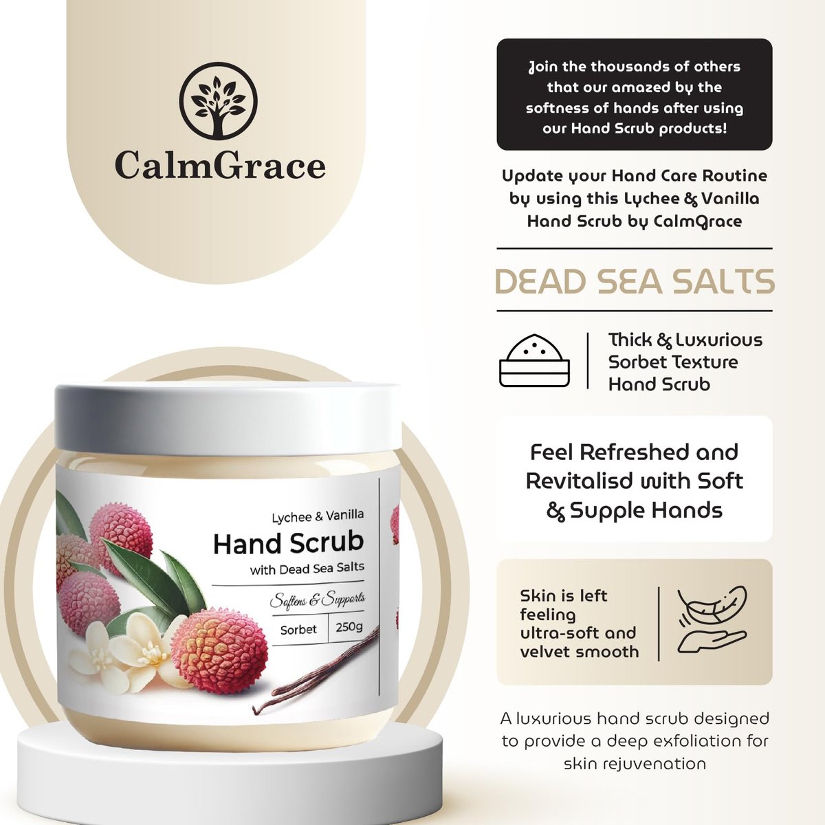 CalmGrace Exfoliating Hand Scrub with Dead Sea Salts, Lychee & Vanilla Scent – Sorbet Texture Hand Exfoliator & Moisturizer with Aloe Vera, Coconut Oil, Vitamin C (8.8 oz) Avelisse