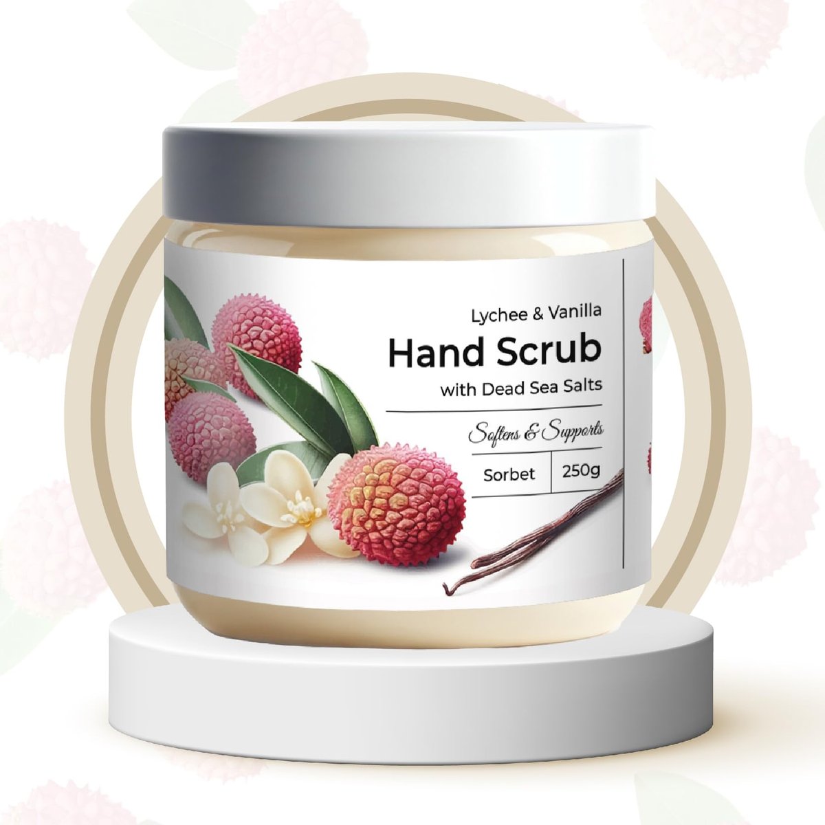 CalmGrace Exfoliating Hand Scrub with Dead Sea Salts, Lychee & Vanilla Scent – Sorbet Texture Hand Exfoliator & Moisturizer with Aloe Vera, Coconut Oil, Vitamin C (8.8 oz) Avelisse
