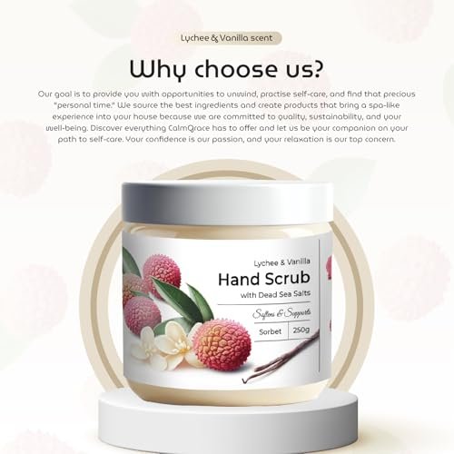 CalmGrace Exfoliating Hand Scrub with Dead Sea Salts, Lychee & Vanilla Scent – Sorbet Texture Hand Exfoliator & Moisturizer with Aloe Vera, Coconut Oil, Vitamin C (8.8 oz) Avelisse