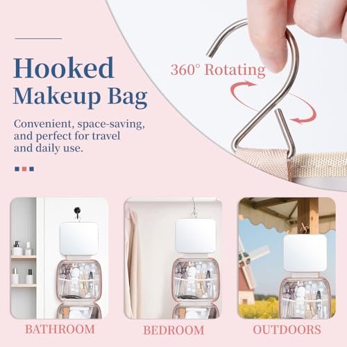 GLINT & GLIDE Travel Makeup Bag with Mirror - Hanging Toiletry Large Capacity Organizer, Portable Cosmetic Case for Women and Girls, Pink - görsel 6