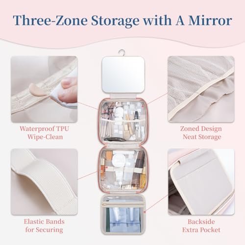 GLINT & GLIDE Travel Makeup Bag with Mirror - Hanging Toiletry Large Capacity Organizer, Portable Cosmetic Case for Women and Girls, Pink - görsel 8