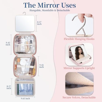GLINT & GLIDE Travel Makeup Bag with Mirror - Hanging Toiletry Large Capacity Organizer, Portable Cosmetic Case for Women and Girls, Pink