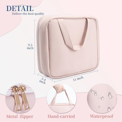 GLINT & GLIDE Travel Makeup Bag with Mirror - Hanging Toiletry Large Capacity Organizer, Portable Cosmetic Case for Women and Girls, Pink