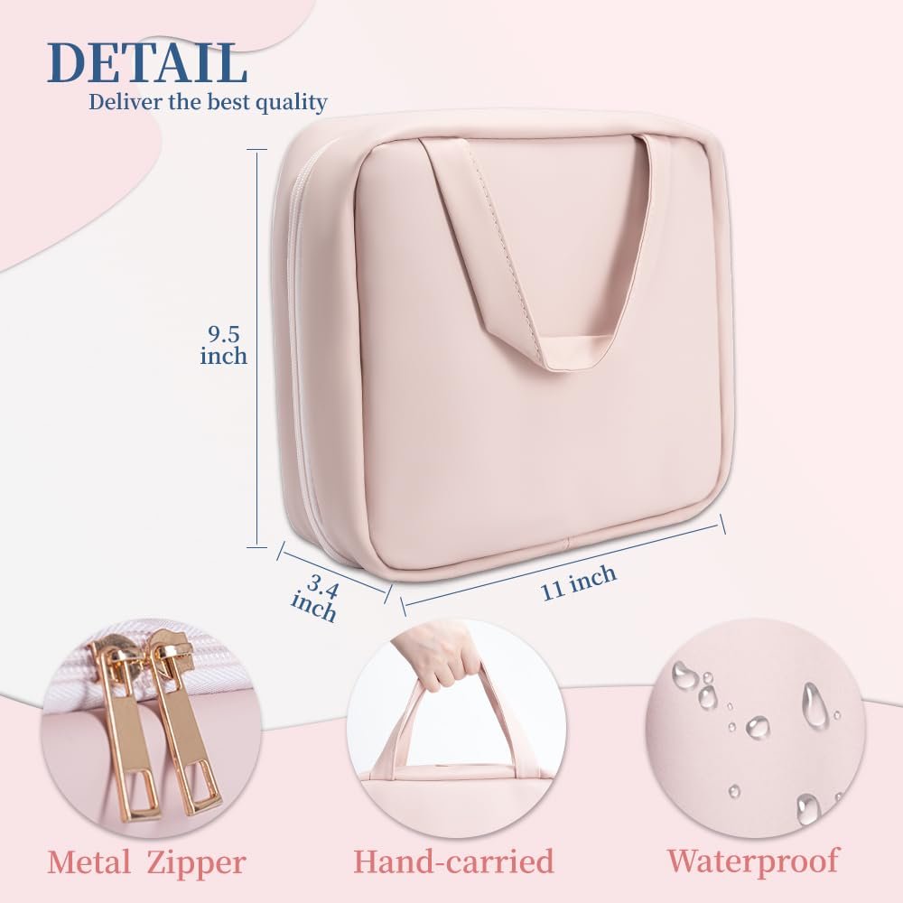 GLINT & GLIDE Travel Makeup Bag with Mirror - Hanging Toiletry Large Capacity Organizer, Portable Cosmetic Case for Women and Girls, Pink - görsel 9