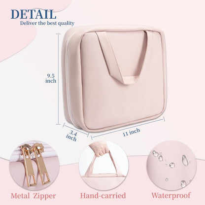 GLINT & GLIDE Travel Makeup Bag with Mirror - Hanging Toiletry Large Capacity Organizer, Portable Cosmetic Case for Women and Girls, Pink