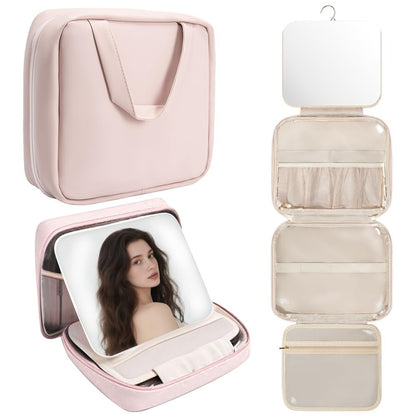 GLINT & GLIDE Travel Makeup Bag with Mirror - Hanging Toiletry Large Capacity Organizer, Portable Cosmetic Case for Women and Girls, Pink