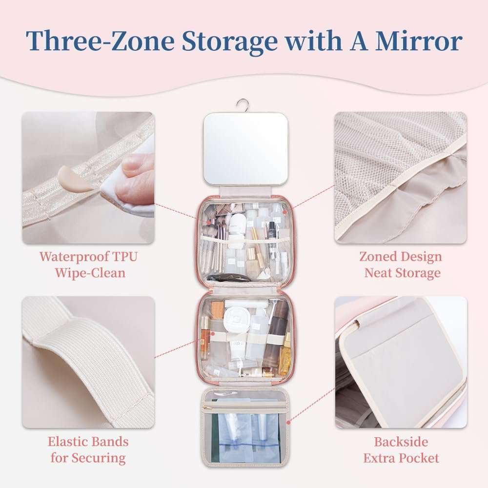 GLINT & GLIDE Travel Makeup Bag with Mirror - Hanging Toiletry Large Capacity Organizer, Portable Cosmetic Case for Women and Girls, Pink - görsel 7