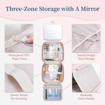 GLINT & GLIDE Travel Makeup Bag with Mirror - Hanging Toiletry Large Capacity Organizer, Portable Cosmetic Case for Women and Girls, Pink